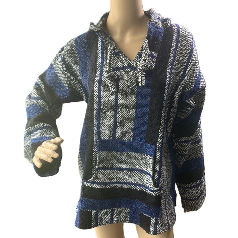 Roxy Blue Striped Hooded Drawstring Baja Sweater Indie Aesthetic Unisex Size Med